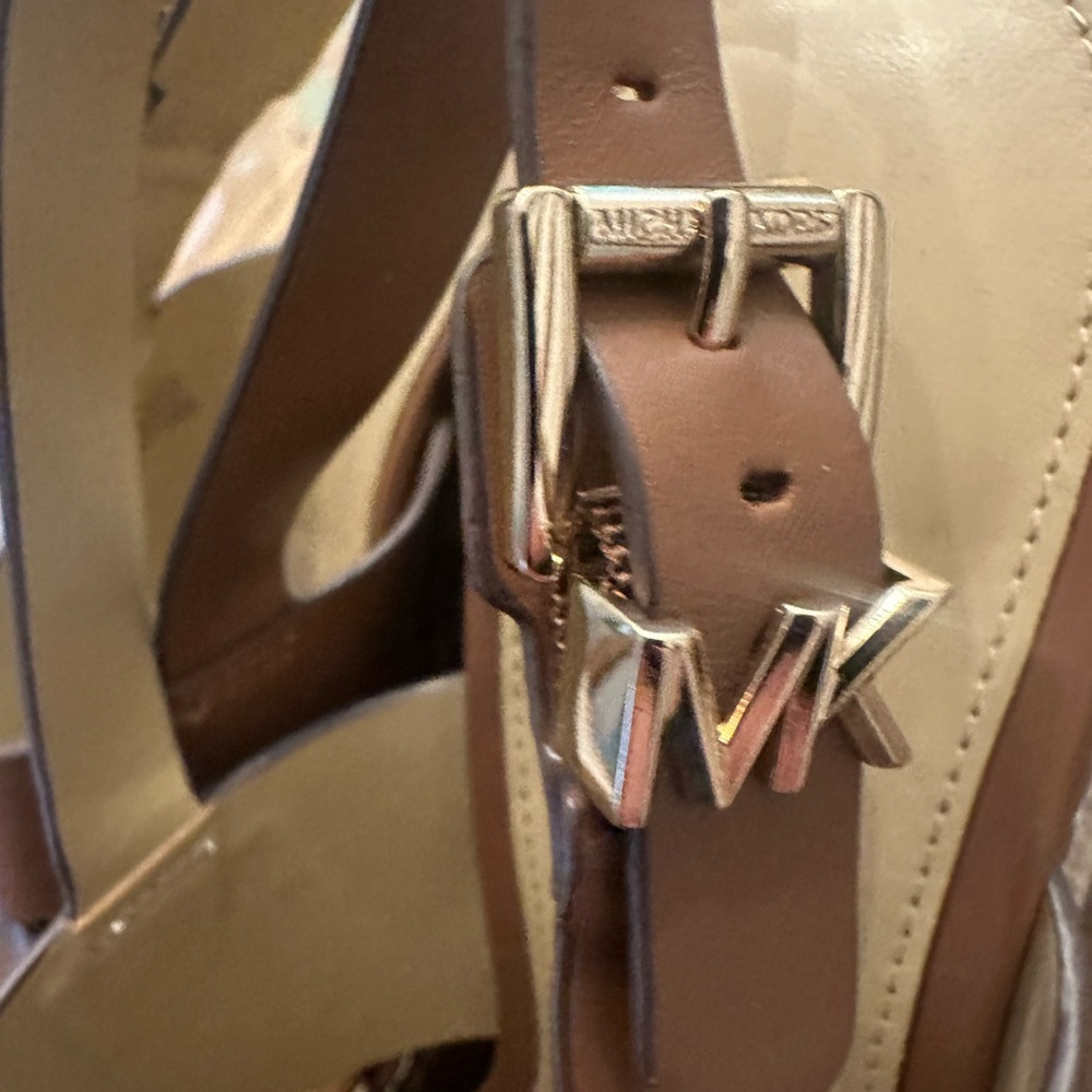 Michael Kors Tan Leather Crisscross Wedge Sandals - Picture 4 of 10